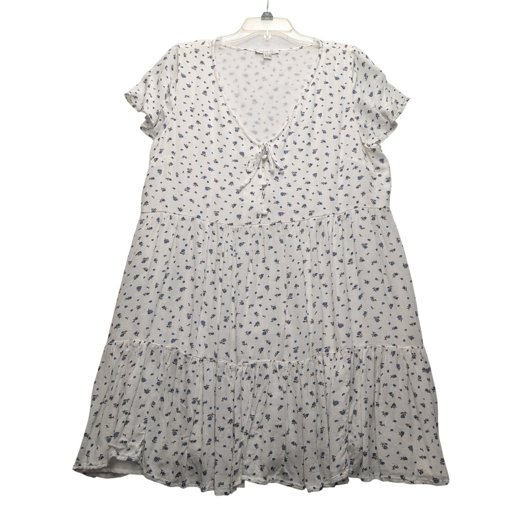 American Eagle Babydoll Dress Womens XL White Blue Floral Tiered V-Neck Tie